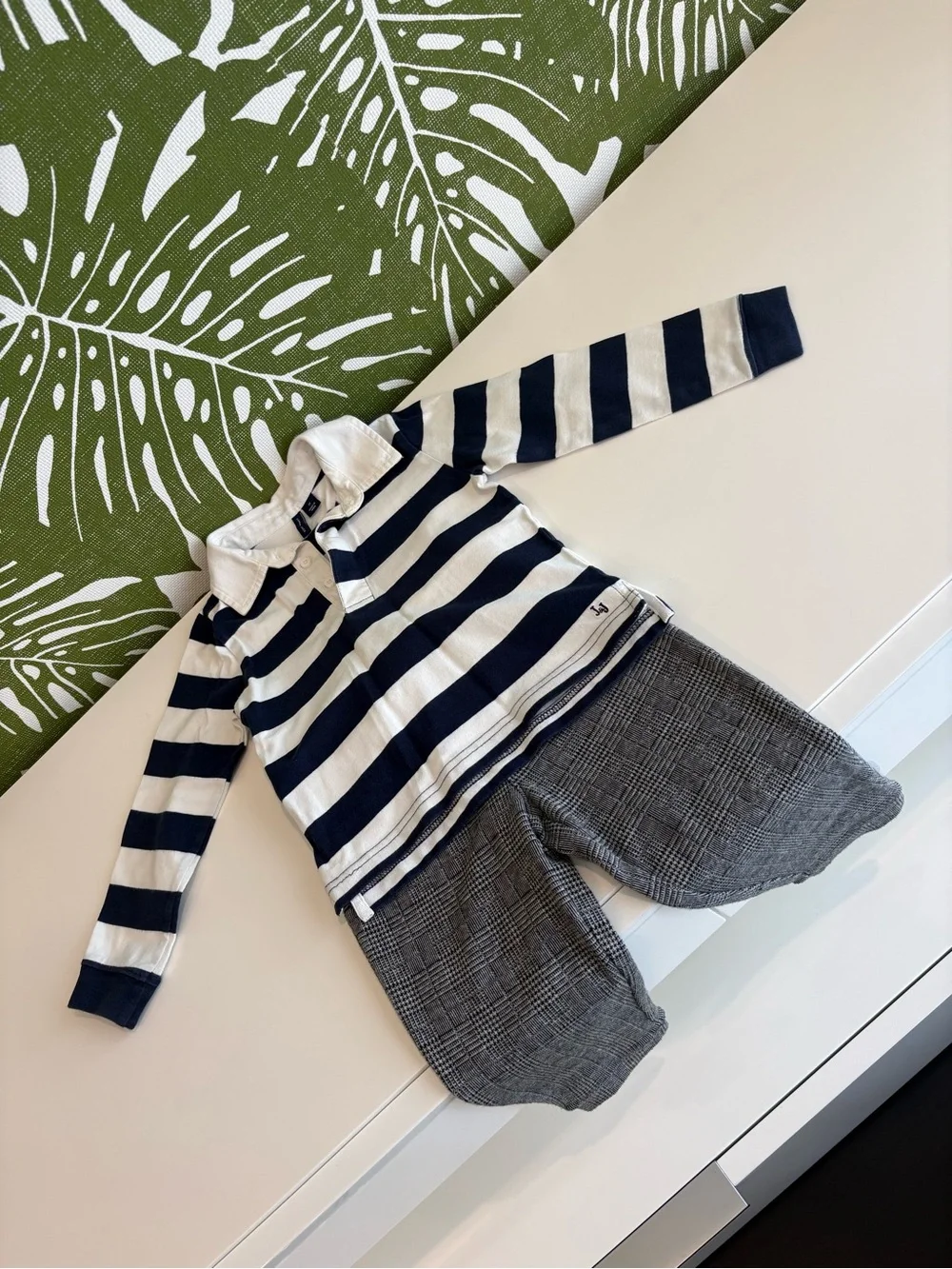 Janie and Jack Navy and White Striped Rugby Top with Gray Plaid Shorts